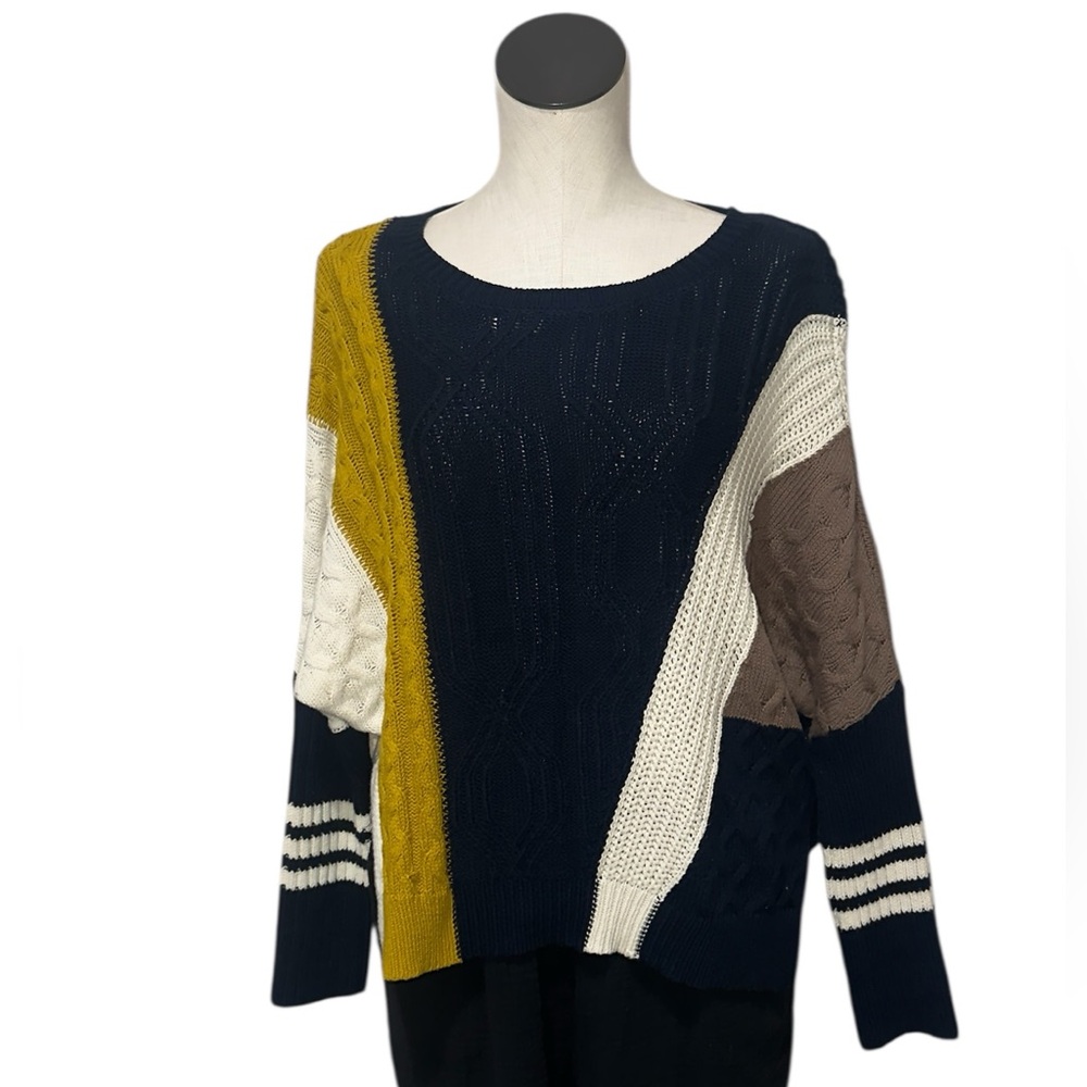 NWT Color Block Cable Knit Oversized Navy Mustard Cream Boho Chunky Sweater S - Picture 2 of 4
